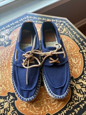 Tory Burch Navy Blue Canvas Espadrille Boat Shoes with Tan Laces size 7 like new